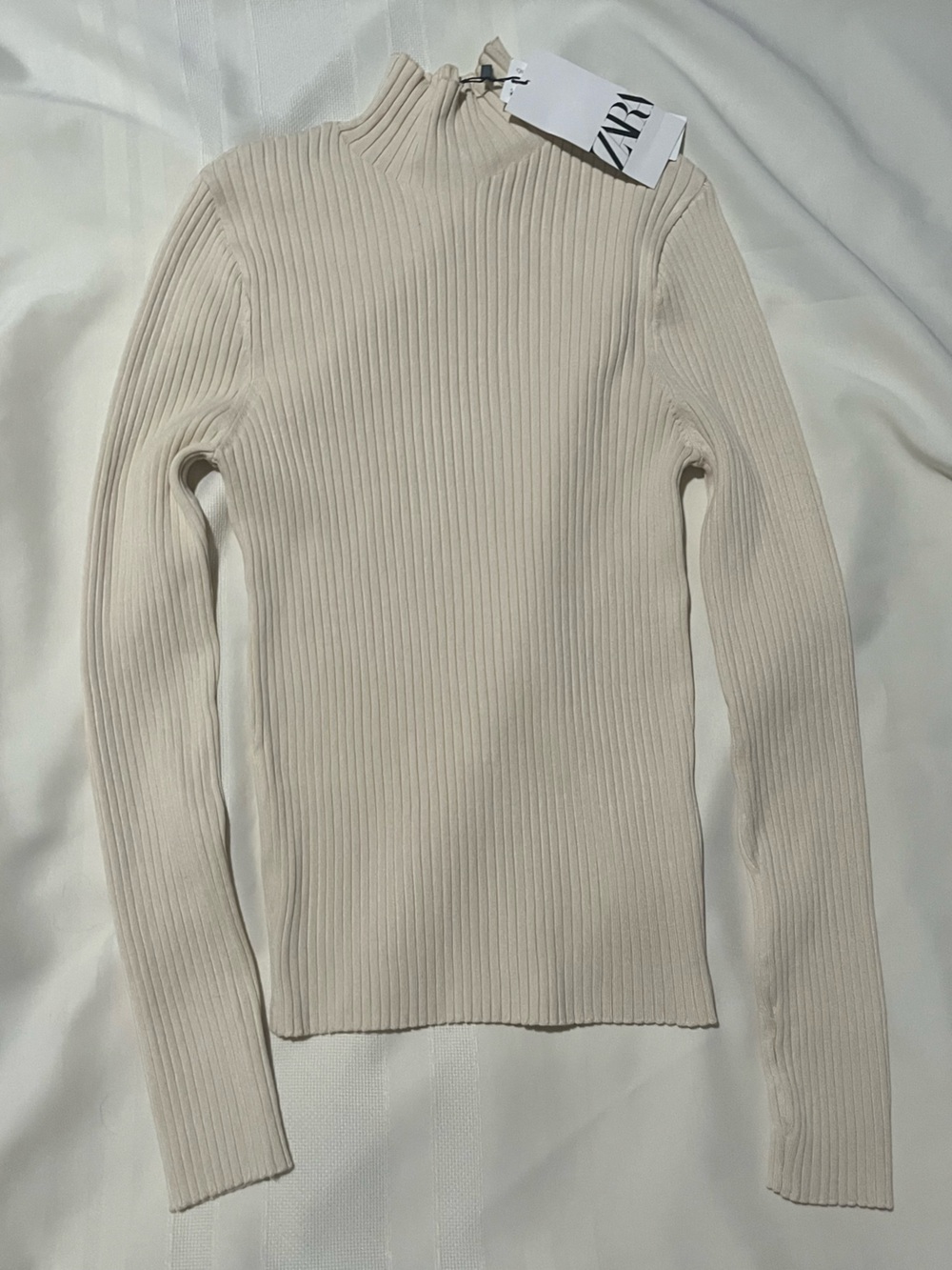 Zara Cream Ribbed Long-Sleeve Mock Neck Sweater Casual Neutral Basic